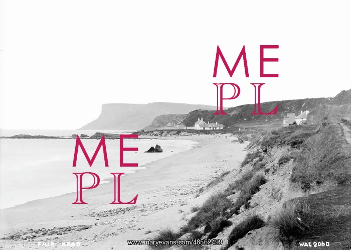 : Fair Head - a view along the beach with buildings to Fair Head : Fair Head - a view along the beach with buildings to Fair Head