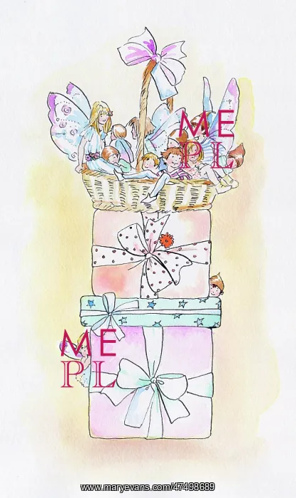 : Fairies in a basket on a pile of three presents : Fairies in a basket on a pile of three presents