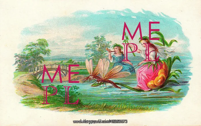 : Fairies boating on a river on a Christmas card : Fairies boating on a river on a Christmas card