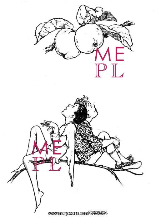 : Fairies on branch looking up at apples : Fairies on branch looking up at apples