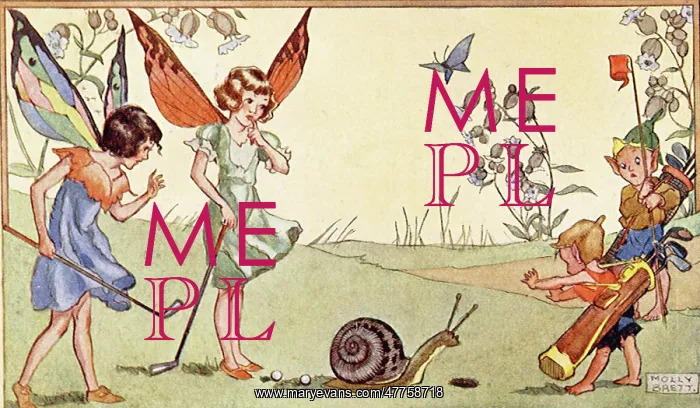 : Fairies playing golf with a snail in the way of the hole : Fairies playing golf with a snail in the way of the hole