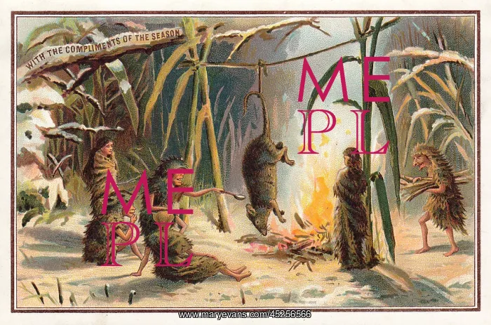 : Fairies roasting their dinner on a Christmas card : Fairies roasting their dinner on a Christmas card