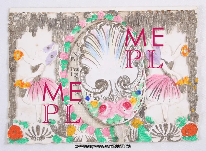 : Fairy printed card, shell print, colour roses : Fairy printed card, shell print, colour roses