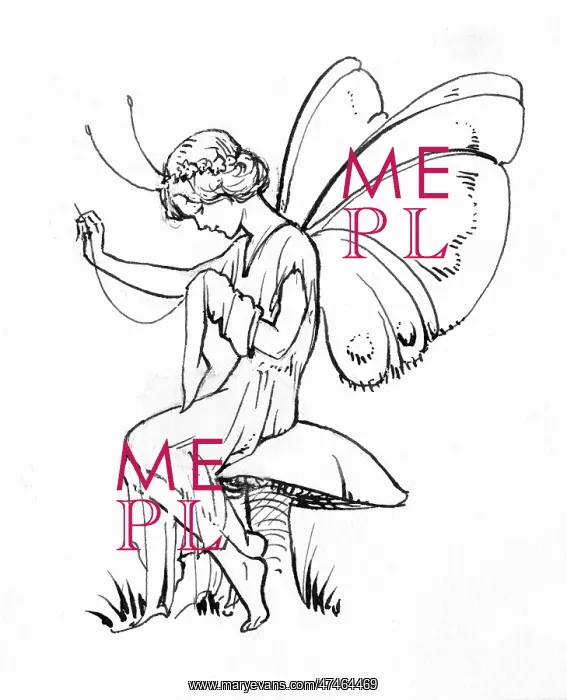: Fairy sitting on toadstool doing sewing : Fairy sitting on toadstool doing sewing