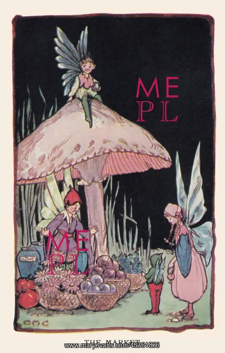  : Fairyland. The Market'. Fairies at a vegetable market stall under a toadstool