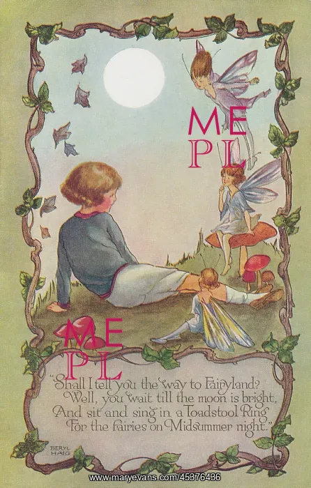 : Fairyland. Young girl in conversation with fairies under a full moon. Artist: Beryl Haig : Fairyland. Young girl in conversation with fairies under a full moon. Artist: Beryl Haig