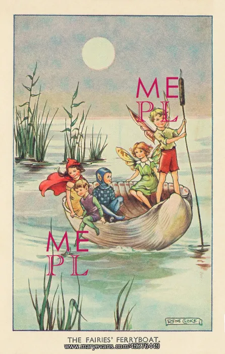 : Fairyland. The Fairies Ferryboat. Fairies and children aboard a boat. Artist: Rene Cloke : Fairyland. The Fairies Ferryboat. Fairies and children aboard a boat. Artist: Rene Cloke