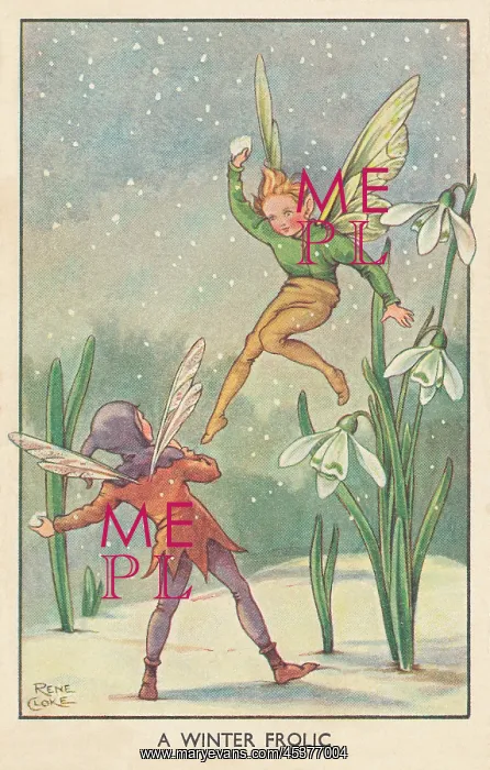 : Fairyland. A Winter Frolic. Two fairies snowballing close by some snowdrops : Fairyland. A Winter Frolic. Two fairies snowballing close by some snowdrops