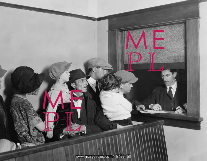 : Families waiting in line at window : Families waiting in line at window
