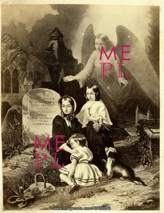 : Family grieving at a graveside, with hovering angel : Family grieving at a graveside, with hovering angel