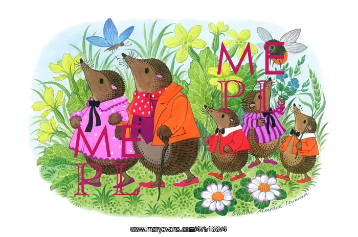 : Family of Hedgehogs walking among flowers : Family of Hedgehogs walking among flowers
