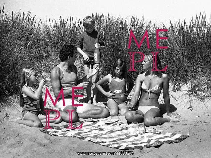 : Family of five with picnic on beach : Family of five with picnic on beach