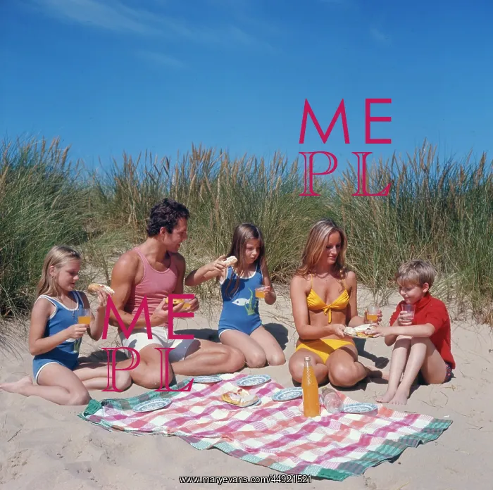 : Family of five with picnic on beach : Family of five with picnic on beach