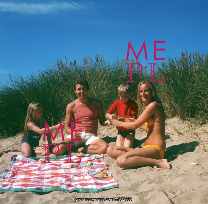 : Family of four with picnic on beach : Family of four with picnic on beach