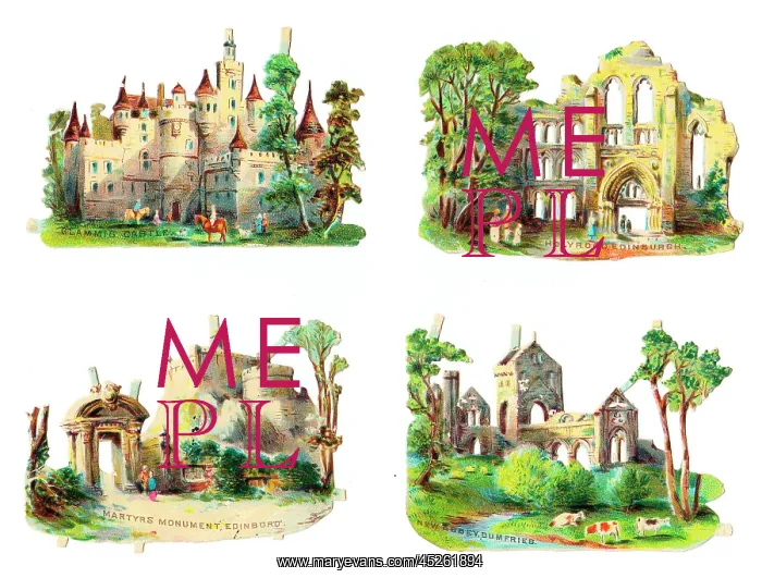 : Famous Scottish buildings on four Victorian scraps : Famous Scottish buildings on four Victorian scraps