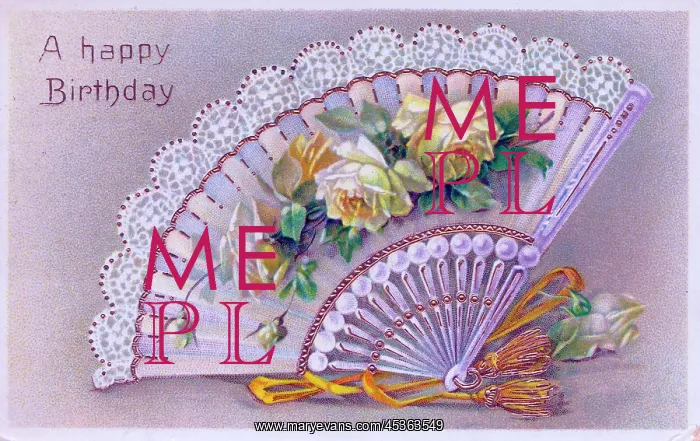  : Fan with yellow roses on a birthday postcard