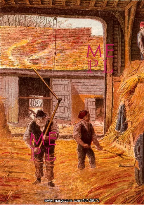: Farm labourers threshing corn with flails on the : Farm labourers threshing corn with flails on the