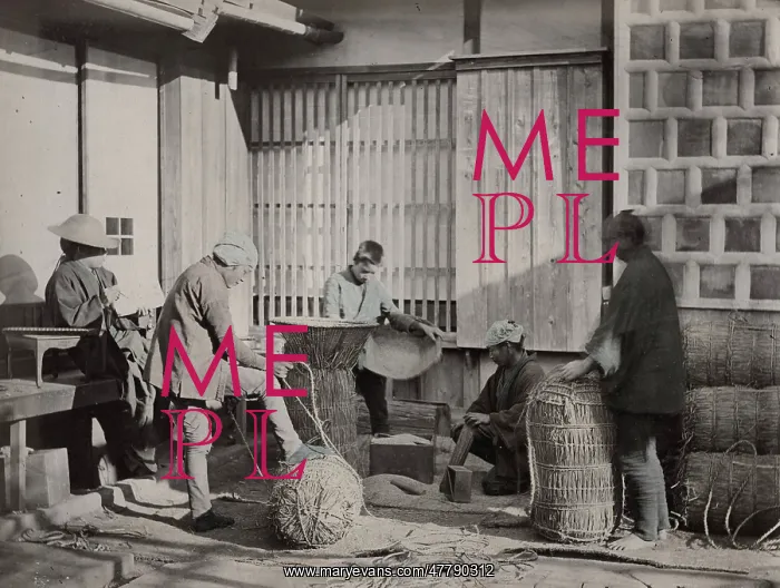 : Farm workers packing bales of rice, Japan : Farm workers packing bales of rice, Japan