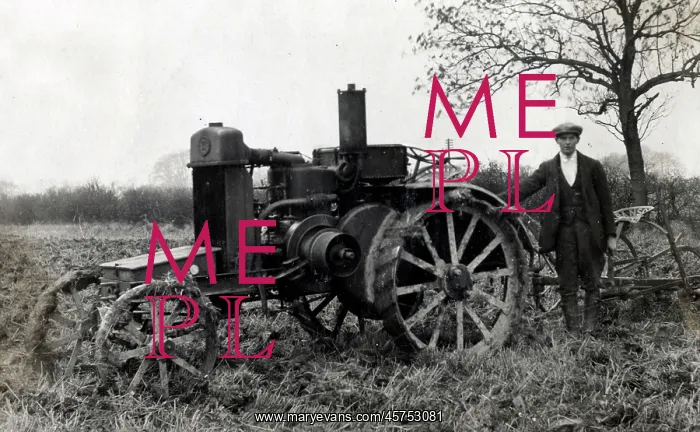 : Farmer with Ransome plough pulled by lightweight engine : Farmer with Ransome plough pulled by lightweight engine