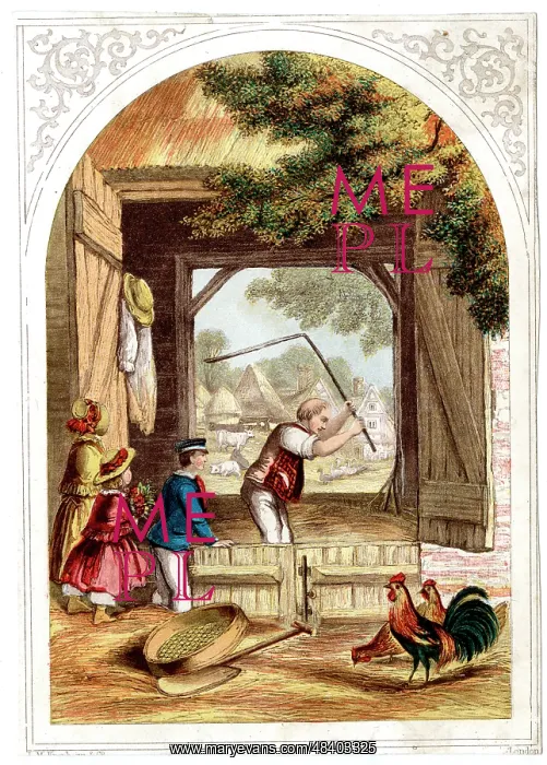  : Farmer winnowing grain while children watch