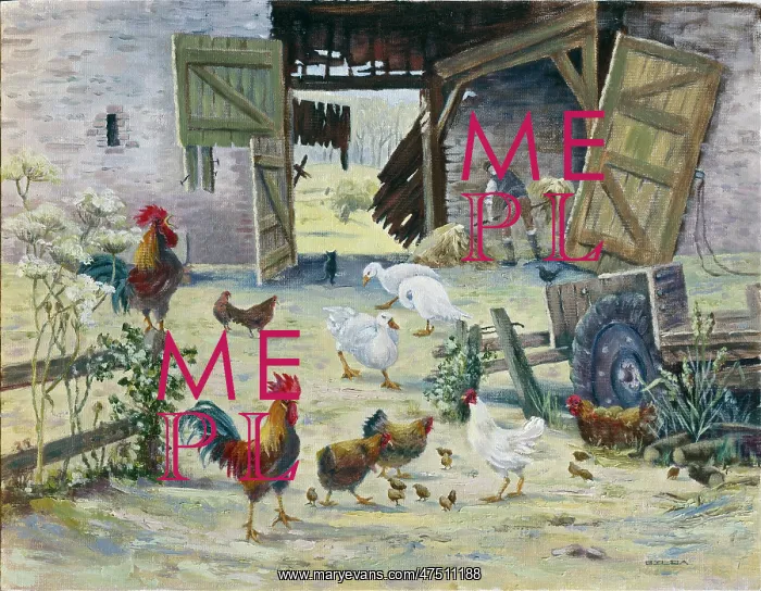 : Farmyard Scene ' with roosters, hens, chicks : Farmyard Scene ' with roosters, hens, chicks