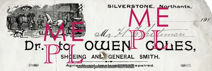 : Farrier's invoice, Owen Coles, Silverstone, Northants : Farrier's invoice, Owen Coles, Silverstone, Northants