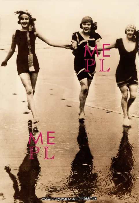 : Fashion. Three young women in bathing suits run along the water's edge of a beach : Fashion. Three young women in bathing suits run along the water's edge of a beach