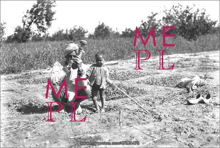 : Father and child in a field, India : Father and child in a field, India
