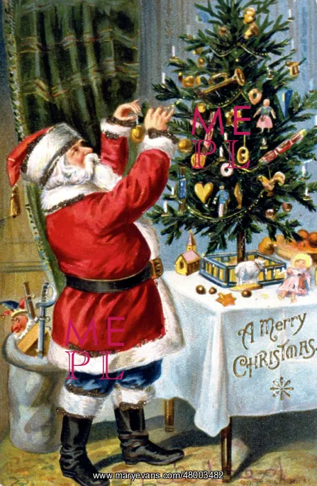 : Father Christmas decorating a tree : Father Christmas decorating a tree