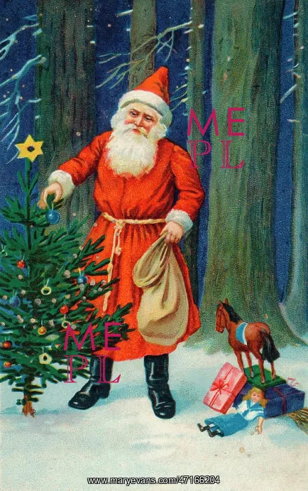 : Father Christmas decorating a Xmas tree : Father Christmas decorating a Xmas tree