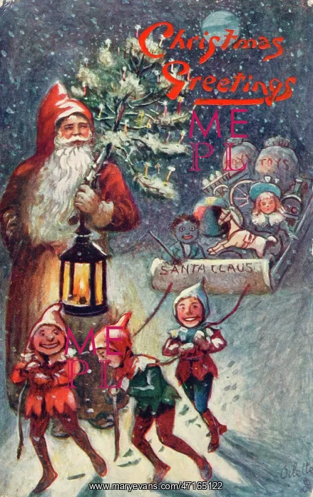 : Father Christmas and elves pulling sleigh : Father Christmas and elves pulling sleigh