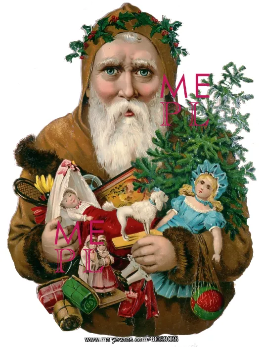  : Father Christmas holding toys and a tree