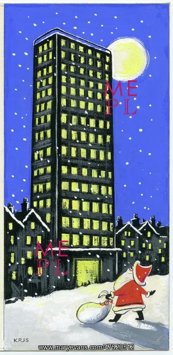 : Father Christmas looking up at tall building : Father Christmas looking up at tall building