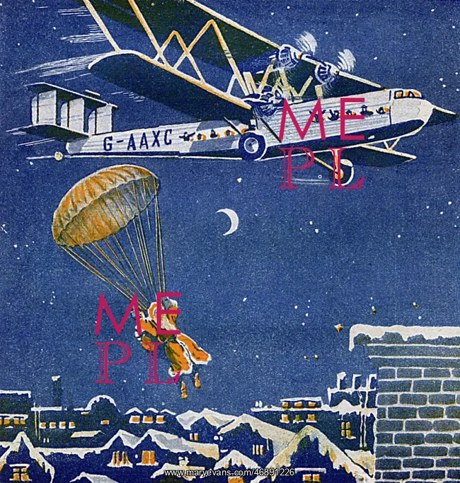 : Father Christmas parachuting out of a plane : Father Christmas parachuting out of a plane