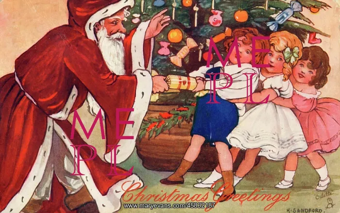 : Father Christmas pulling a Xmas cracker with children : Father Christmas pulling a Xmas cracker with children