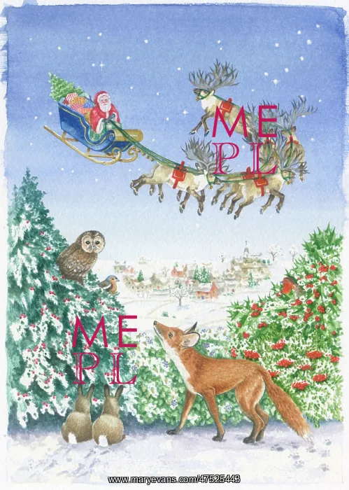 : Father Christmas in the sky with Fox looking up : Father Christmas in the sky with Fox looking up