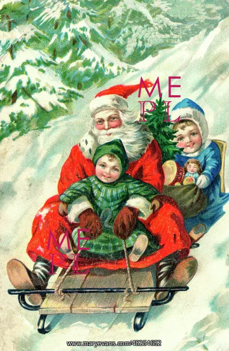: Father Christmas in sledge with children : Father Christmas in sledge with children