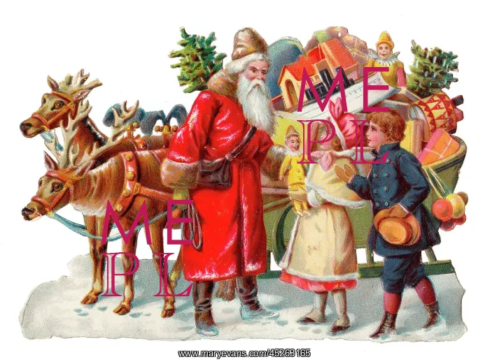 : Father Christmas with sleigh on a Victorian scrap : Father Christmas with sleigh on a Victorian scrap