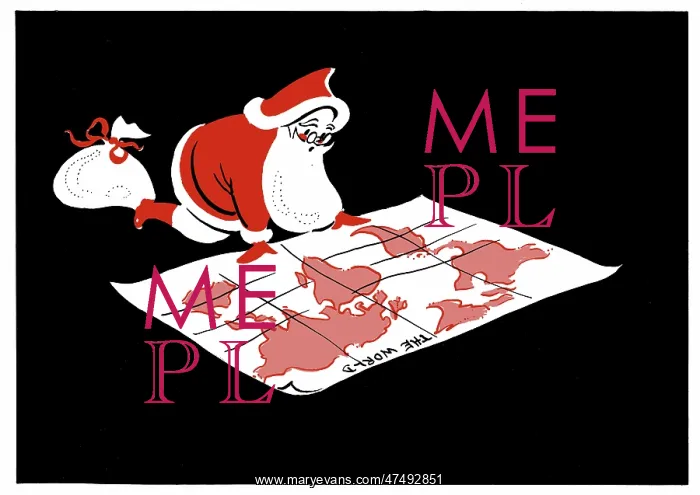 : Father Christmas studying a map of the world : Father Christmas studying a map of the world