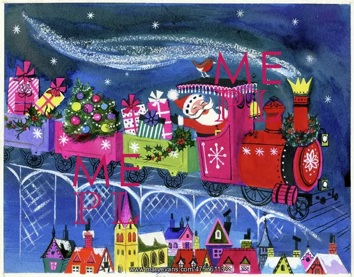 : Father Christmas in train above town : Father Christmas in train above town