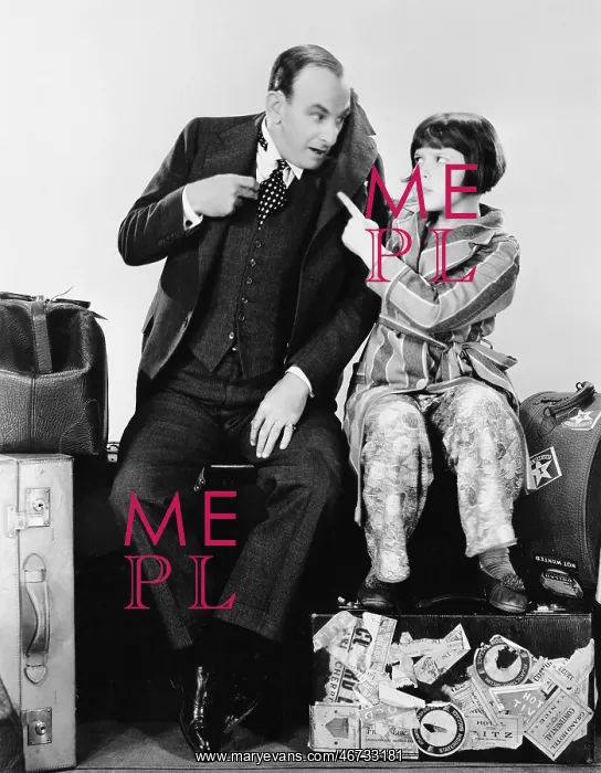  : Father and daughter sitting together on luggage