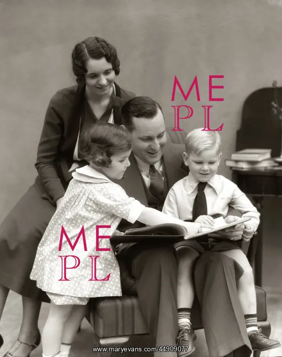 : Father reading book to daughter & son with mother : Father reading book to daughter & son with mother