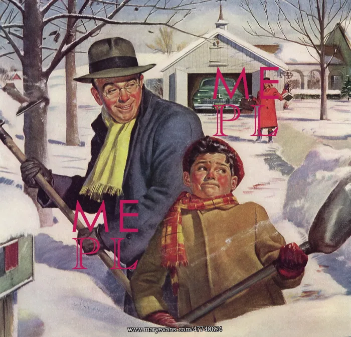 : Father and Son shovel Snow : Father and Son shovel Snow