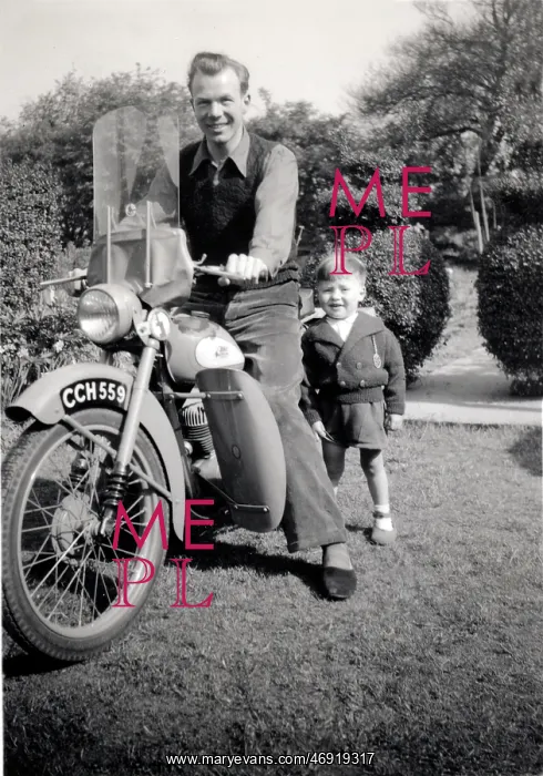 : father and sonwith a 1951 / 2 BSA Bantam motorcycle : father and sonwith a 1951 / 2 BSA Bantam motorcycle