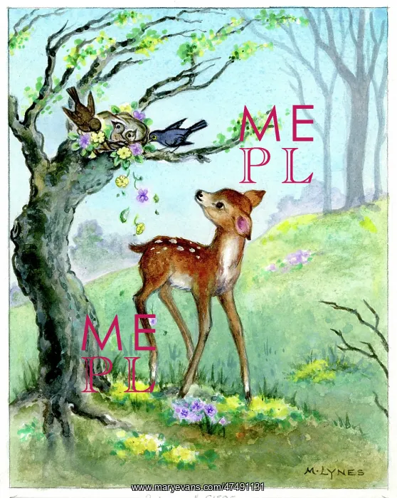 : Fawn looking at a blackbirds nest in a tree : Fawn looking at a blackbirds nest in a tree