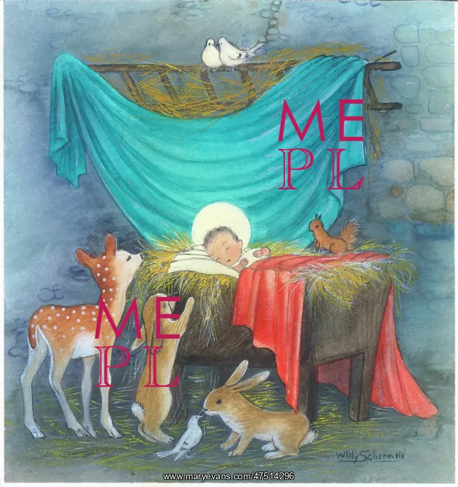 : Fawn and rabbits beside Infant Jesus in crib : Fawn and rabbits beside Infant Jesus in crib