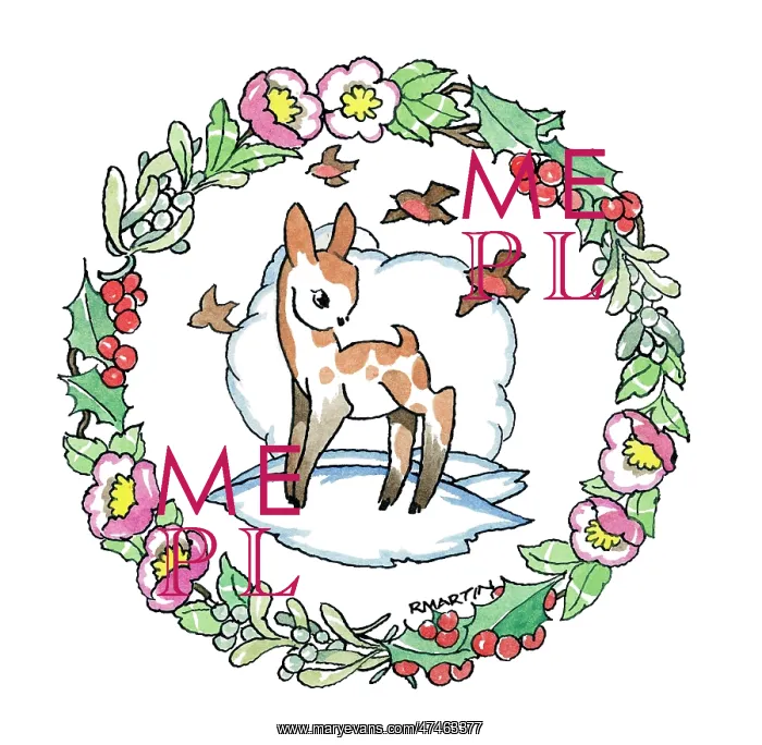 : Fawn and Robins in circle of winter flowers : Fawn and Robins in circle of winter flowers