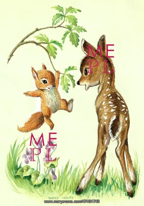 : Fawn and squirrel swinging on an oak tree : Fawn and squirrel swinging on an oak tree