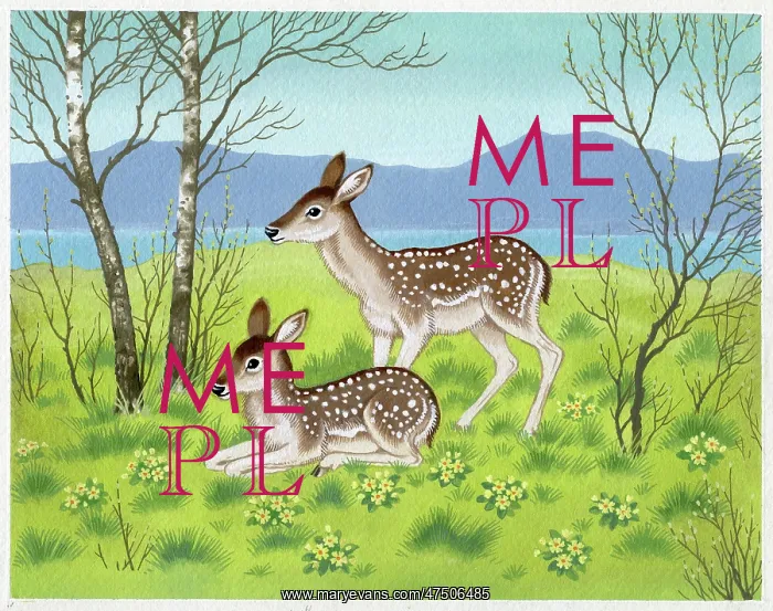 : Two fawns beside a lake with primroses : Two fawns beside a lake with primroses