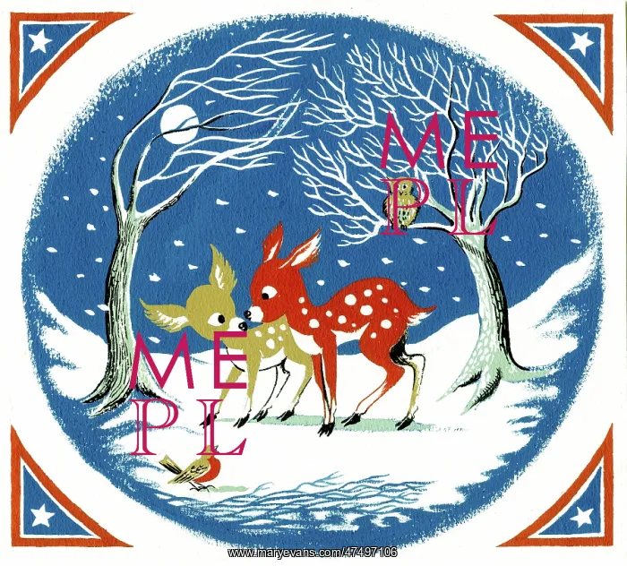 : Two fawns with owl and robin in the snow : Two fawns with owl and robin in the snow